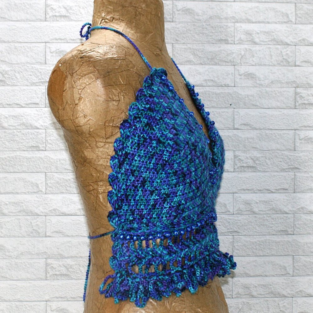 HAND CRAFTED Crop Top Crochet Halter Bikini Beaded Festival Blue Fringe Marled - Picture 2 of 14